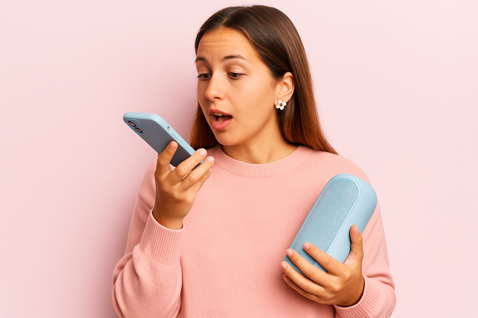 Voice-controlled speaker — Young woman in a pink jumper speaking into her smartphone while holding a blue portable Bluetooth speaker, on a soft pink background.