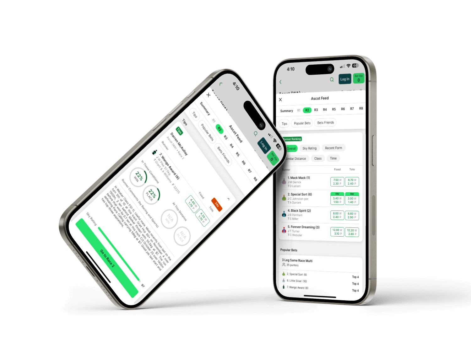 TAB (two phones) — Two iPhones showing the TAB betting app: race form details on the left, race list with quick-bet buttons on the right.