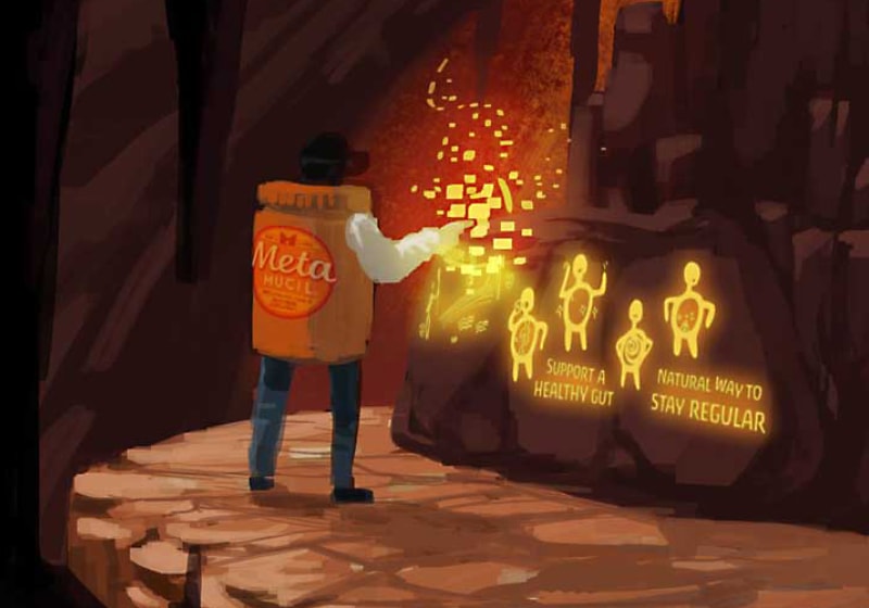 Claude responded: Metamucil concept — Concept illustration of an explorer carrying a giant Metamucil tub through a rocky cave, illuminating glowing cave-art figures with the mes…Metamucil concept — Concept illustration of an explorer carrying a giant Metamucil tub through a rocky cave, illuminating glowing cave-art figures with the messages "Support a healthy gut" and "Natural way to stay regular."
